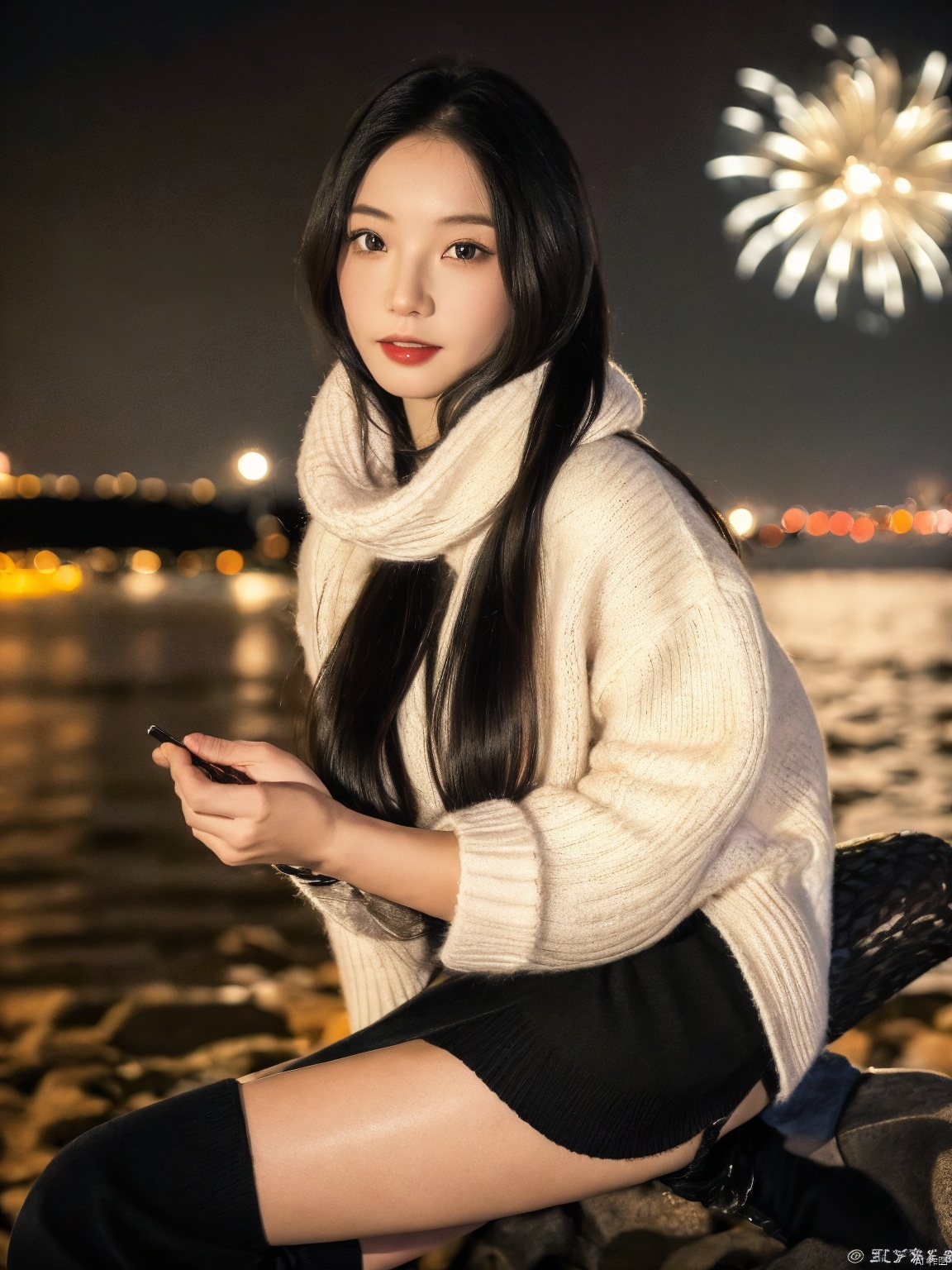  1girl,fashion model,female focus,(masterpiece, realistic, best quality, highly detailed, profession),asian,pretty,Charming eyes,exquisite facial features,bangle,sweater,scarf,skirt,black stockings,boots,sitting,night,neon,beach of city,new year,cinematic composition,,blurry,plns,sw, fireworks, hand101