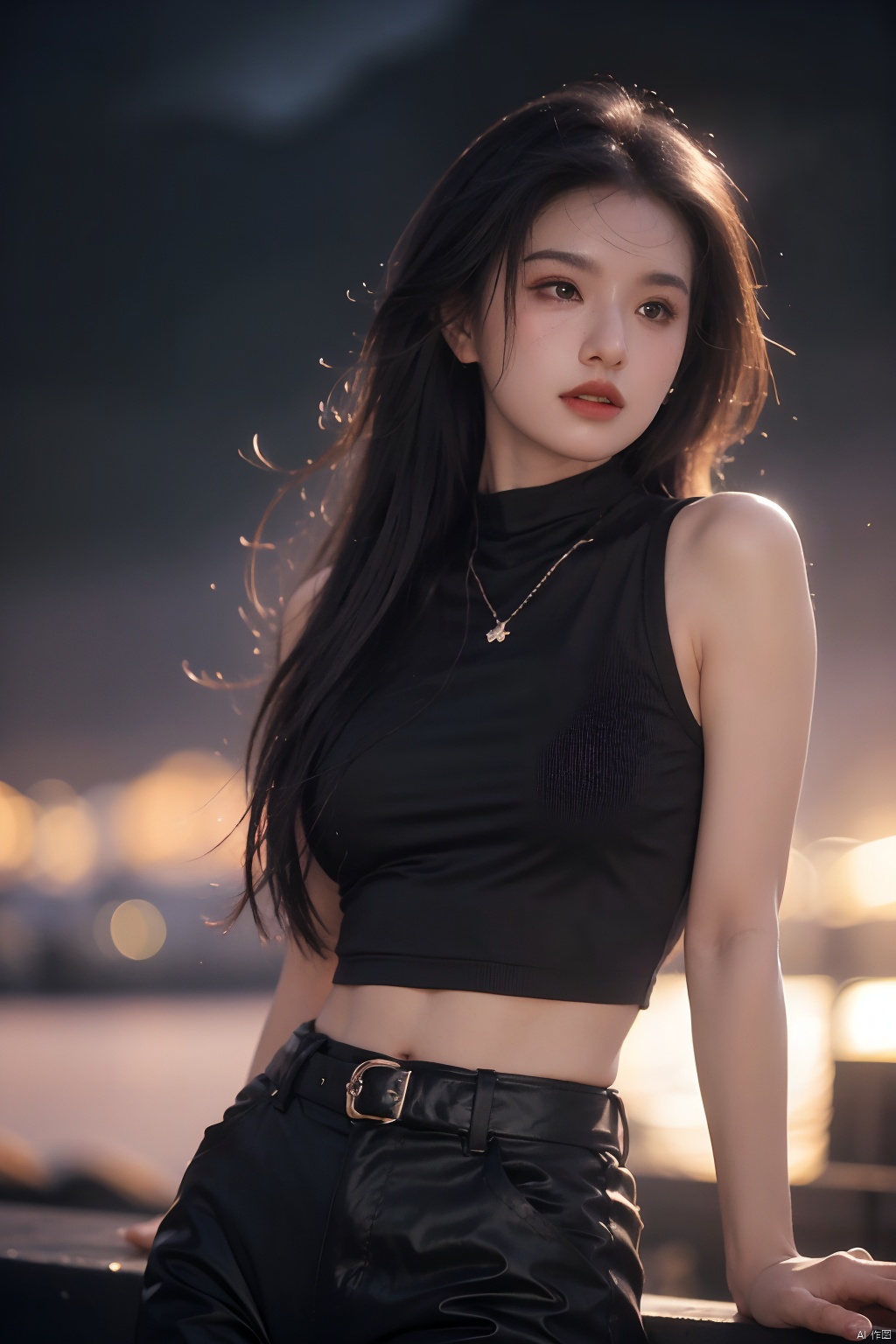  NSFW,Frontal photography,Look front,evening,dark clouds,the setting sun,On the city rooftop,A 20 year old female,Black top,Black Leggings,black hair,long hair, dark theme, muted tones, pastel colors, high contrast, (natural skin texture, A dim light, high clarity) ((sky background))((Facial highlights)), Light master, 1girl