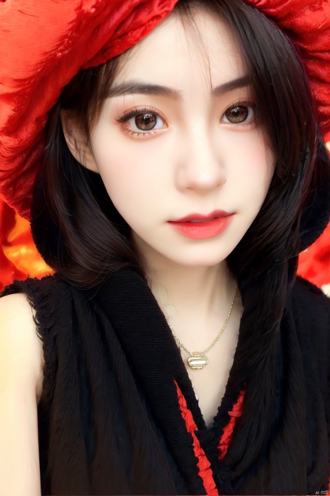  masterpiece, best quality, 1girl, red background, black hair, Long curly hair, face front, ((red fashion silk lone costume with red swirling vortexes pattern)), ((Red Plush Fur Hat)), emotional face, (close up portrait), make up, studio light, studio, ((poakl)), poakl ggll girl