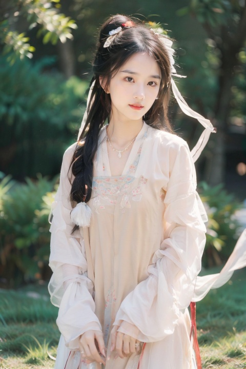 Realistic: 1.3, Masterpiece, Highest Quality, High Resolution, Details: 1.2, 1 Girl, Bun, Hairpin, Beautiful Face, Delicate Eyes, Tassel Earrings, Necklaces, Bracelets, Hanfu, Su Embroidered Hanfu, Streamers, Ribbons, Elegant Stand Posture, Aesthetics, Movie Lighting, Ray Tracing, Depth of Field, Layering,Fluttering,汉服,qingsha