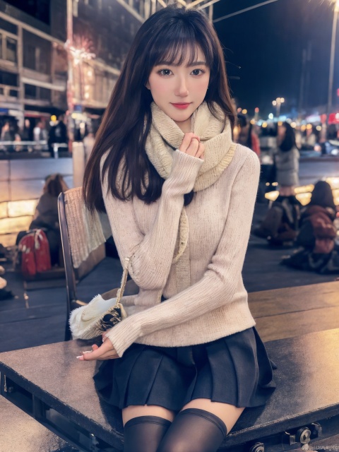  1girl,fashion model,female focus,(masterpiece, realistic, best quality, highly detailed, profession),asian,pretty,Charming eyes,exquisite facial features,bangle,sweater,scarf,skirt,black stockings,boots,sitting,night,neon,beach of city,new year,cinematic composition,,blurry,plns,sw, fireworks