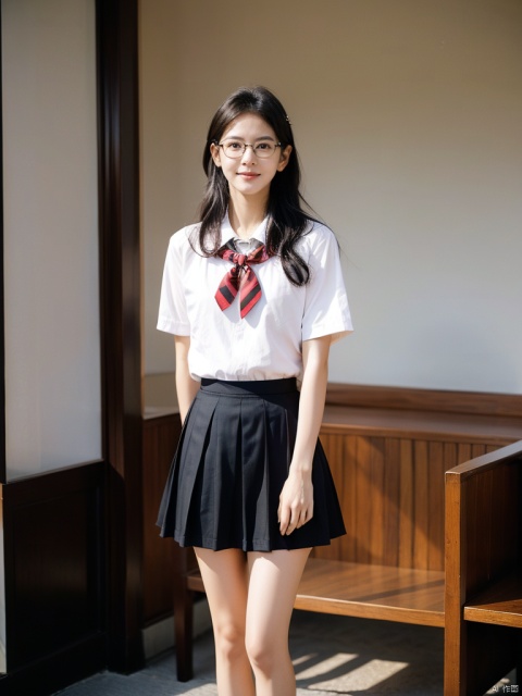 Enhanced, masterpiece, 16K, JK, 1 girl, glasses, short hair, school uniform, skirt,1girl