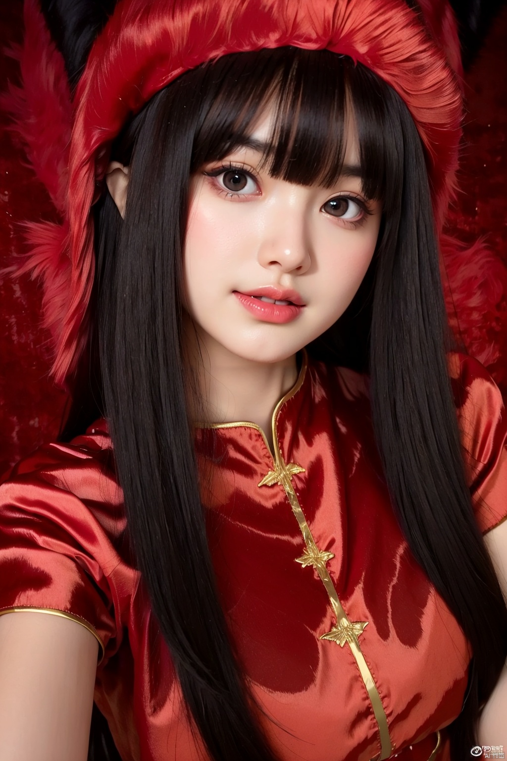  masterpiece, best quality, 1girl, red background, black hair, Long curly hair, face front, ((red fashion silk lone costume with red swirling vortexes pattern)), ((Red Plush Fur Hat)), emotional face, (close up portrait), make up, studio light, studio, ((poakl)), poakl ggll girl,laughing, Light master,yuzu