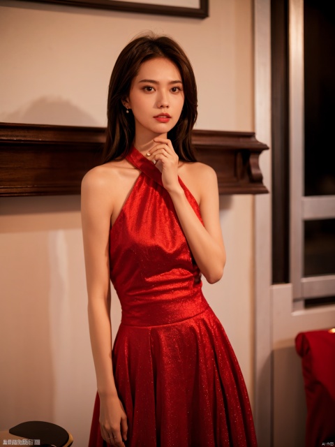  1, 1girl, long hair, brown hair, solo, dress, brown eyes, looking at viewer, holding, red dress, parted lips, bare shoulders, indoors, lips, sleeveless, ((poakl)),nice_body,full_body