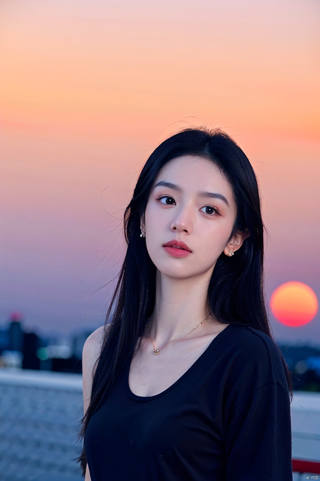  NSFW,Frontal photography,Look front,evening,dark clouds,the setting sun,On the city rooftop,A 20 year old female,Black top,Black Leggings,black hair,long hair, dark theme, muted tones, pastel colors, high contrast, (natural skin texture, A dim light, high clarity) ((sky background))((Facial highlights)),