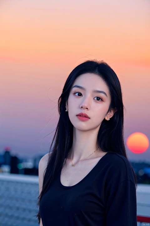  NSFW,Frontal photography,Look front,evening,dark clouds,the setting sun,On the city rooftop,A 20 year old female,Black top,Black Leggings,black hair,long hair, dark theme, muted tones, pastel colors, high contrast, (natural skin texture, A dim light, high clarity) ((sky background))((Facial highlights)),