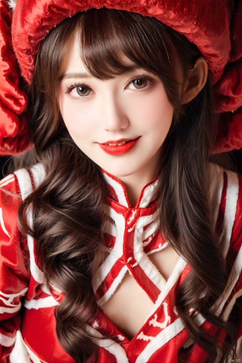  masterpiece, best quality, 1girl, red background, black hair, Long curly hair, face front, ((red fashion silk lone costume with red swirling vortexes pattern)), ((Red Plush Fur Hat)), emotional face, (close up portrait), make up, studio light, studio, ((poakl)), poakl ggll girl,laughing