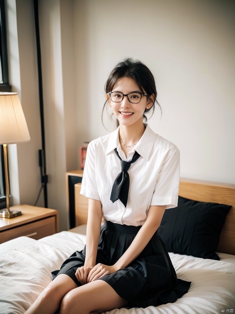 Enhanced, masterpiece, 16K, JK, 1 girl, glasses, short hair, school uniform, skirt, sitting on bed