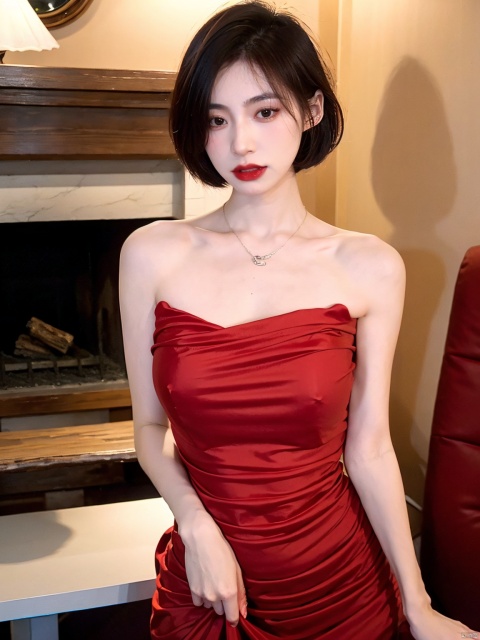  1, 1girl, short hair, brown hair, solo, dress, brown eyes, looking at viewer, holding, red dress, parted lips, bare shoulders, indoors, lips, upper body, sleeveless