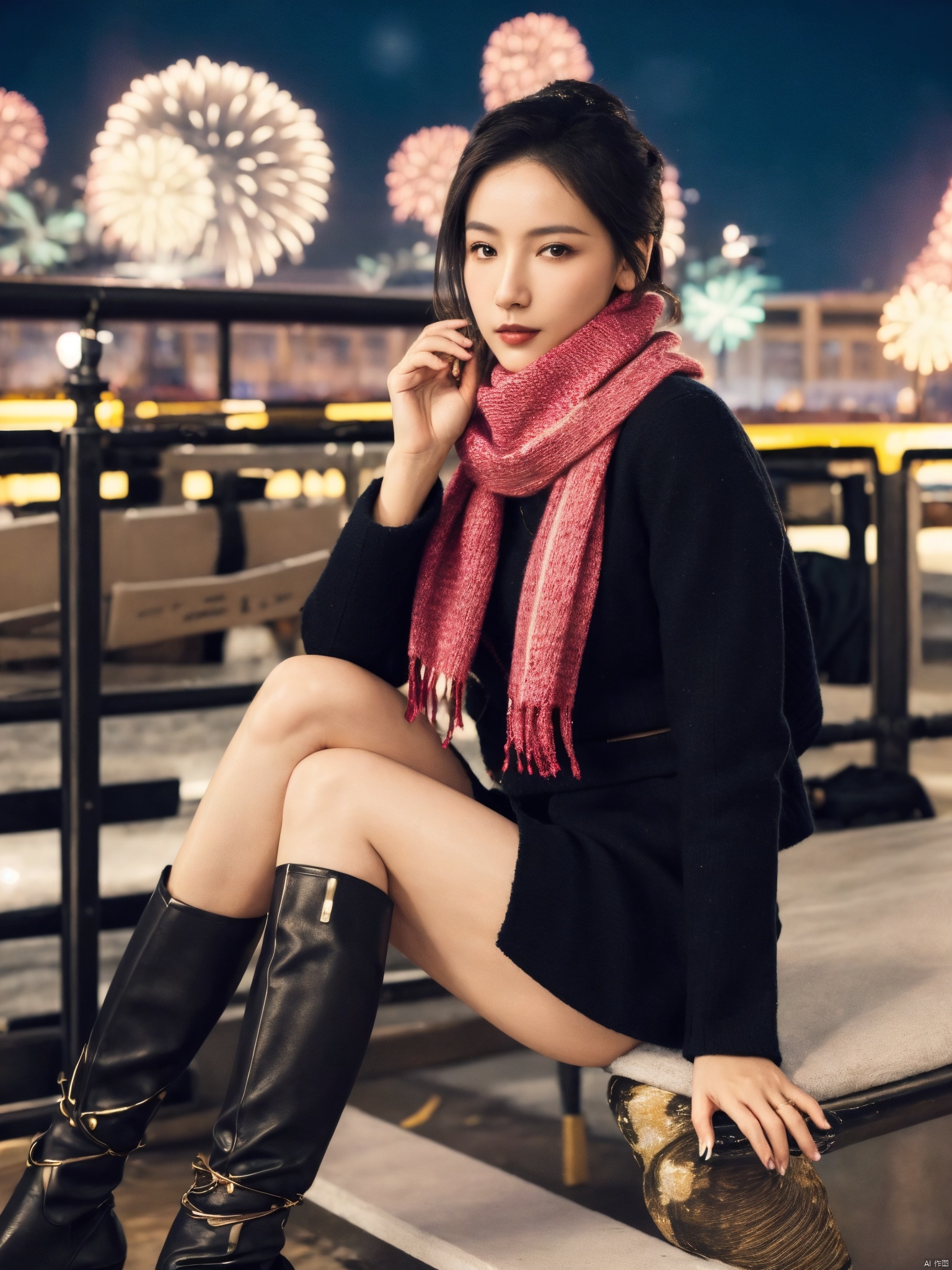  1girl,fashion model,female focus,(masterpiece, realistic, best quality, highly detailed, profession),asian,pretty,Charming eyes,exquisite facial features,bangle,sweater,scarf,skirt,black stockings,boots,sitting,night,neon,beach of city,new year,cinematic composition,,blurry,plns,sw, fireworks, hand101