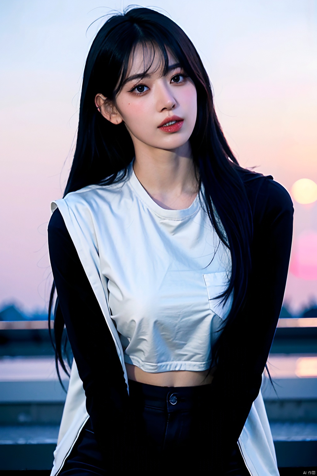  NSFW,Frontal photography,Look front,evening,dark clouds,the setting sun,On the city rooftop,A 20 year old female,Black top,Black Leggings,black hair,long hair, dark theme, muted tones, pastel colors, high contrast, (natural skin texture, A dim light, high clarity) ((sky background))((Facial highlights)), Light master, 1girl