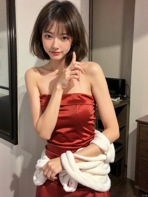  1, 1girl, short hair, brown hair, solo, dress, brown eyes, looking at viewer, holding, red dress, parted lips, bare shoulders, indoors, lips, upper body, sleeveless, 1gril
