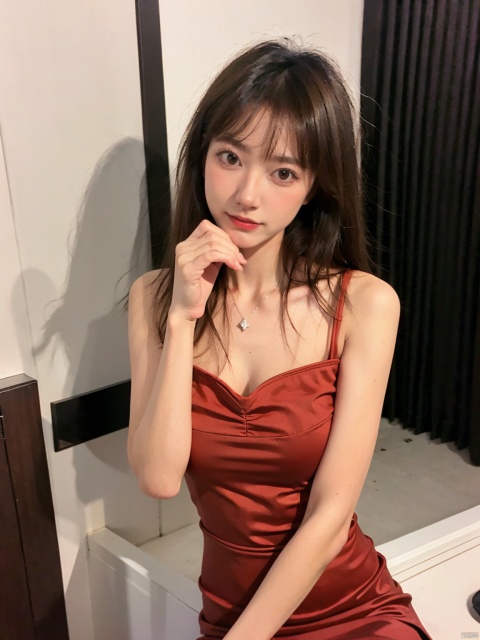  1, 1girl, short hair, brown hair, solo, dress, brown eyes, looking at viewer, holding, red dress, parted lips, bare shoulders, indoors, lips, upper body, sleeveless, 1gril