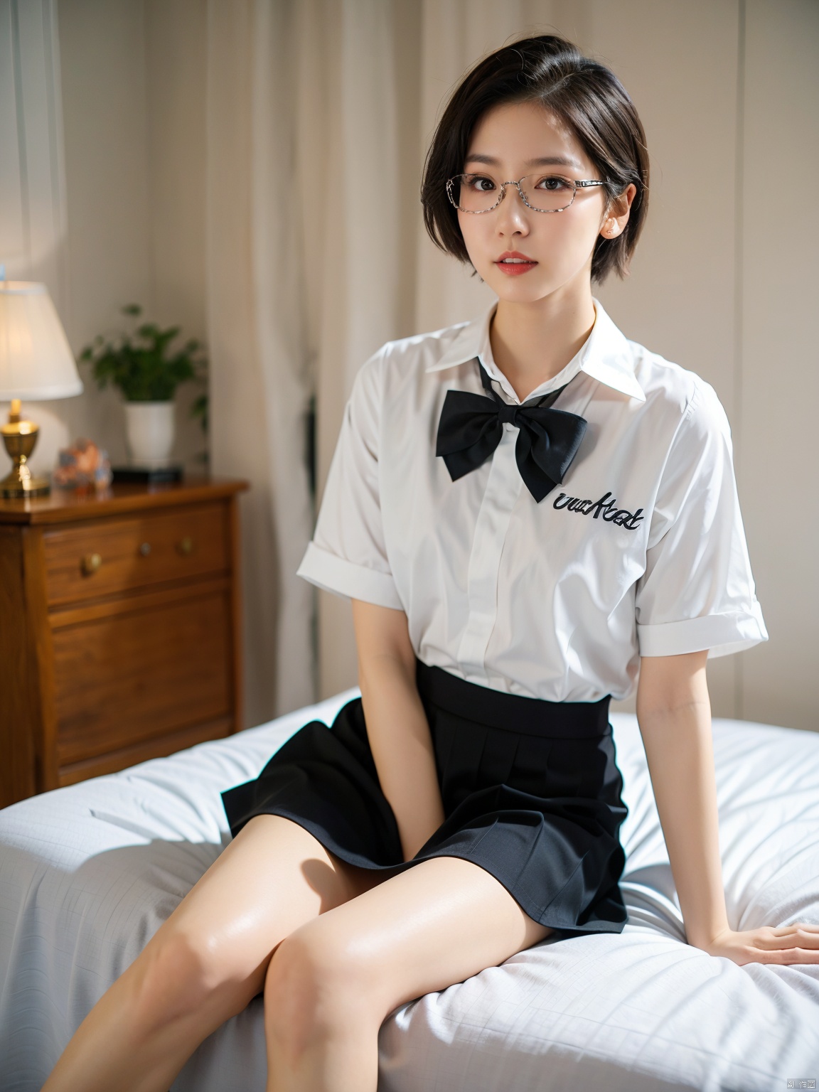  Enhanced, masterpiece, 16K, JK, 1 girl, glasses, short hair, school uniform, skirt, sitting on bed,:)
