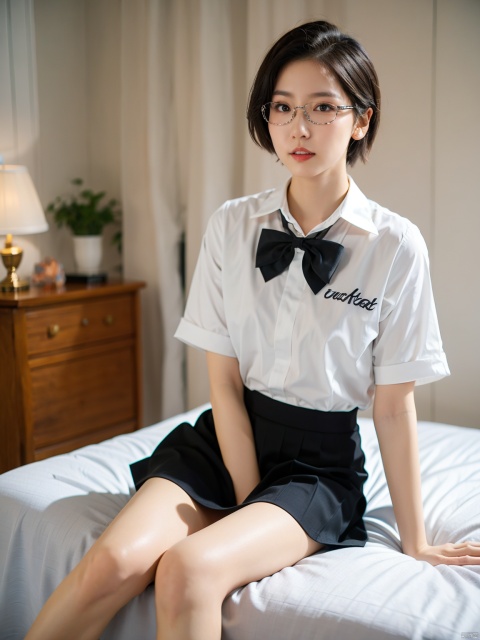  Enhanced, masterpiece, 16K, JK, 1 girl, glasses, short hair, school uniform, skirt, sitting on bed,:)