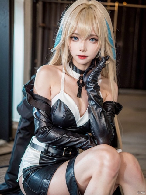 ultra-high definition,extreme detail,8k,realistic,(masterpiece:1.3),(best quality:1.3),(photorealistic:1.4),4k,detail face,
fine fabric emphasis, 1girl, looking at viewer, gloves, blue eyes, dress, breasts, chinese clothes, xiluwa, blonde hair, blue hair, multicolored hair, long hair, skirt, earrings, pantyhose, jewelry, asymmetrical sleeves, bare shoulders, black choker, bangs, Lightning tattoo, thigh_strap,