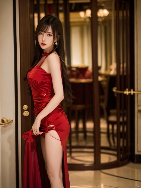  1, 1girl, long hair, brown hair, solo, dress, brown eyes, looking at viewer, holding, red dress, parted lips, bare shoulders, indoors, lips, sleeveless, ((poakl)),nice_body,full_body