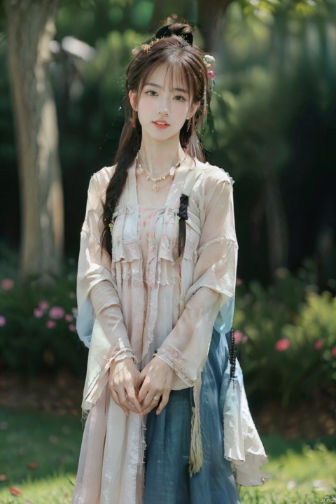  Realistic: 1.3, Masterpiece, Highest Quality, High Resolution, Details: 1.2, 1 Girl, Bun, Hairpin, Beautiful Face, Delicate Eyes, Tassel Earrings, Necklaces, Bracelets, Hanfu, Su Embroidered Hanfu, Streamers, Ribbons, Elegant Stand Posture, Aesthetics, Movie Lighting, Ray Tracing, Depth of Field,Layering,Fluttering,汉服,qingsha, hand101