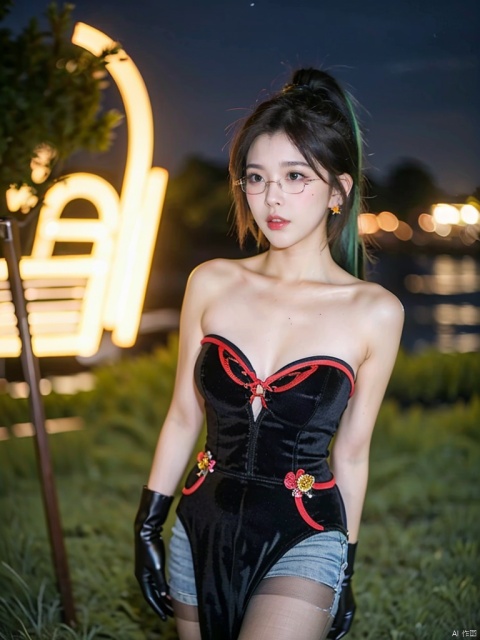 ultra-high definition,extreme detail,8k,realistic,(masterpiece:1.3),(best quality:1.3),(photorealistic:1.4),4k,detail face,
 full body, wlop style,wlop, outdoor,night,stars,lake,flower feild,spider lily,full_body,1girl, 1 girl, beautiful face, haoche, large_breast, wlop, xianyun, 1girl, chinese clothes, (ponytail, hair stick,hair ornament), glasses, jewelry, earrings, multicolored hair, black hair, dress, standing, gloves, green hair, red-framed eyewear, black pantyhose,large breasts