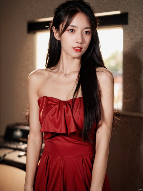  1, 1girl, long hair, brown hair, solo, dress, brown eyes, looking at viewer, holding, red dress, parted lips, bare shoulders, indoors, lips, upper body, sleeveless, ((poakl)),nice_body