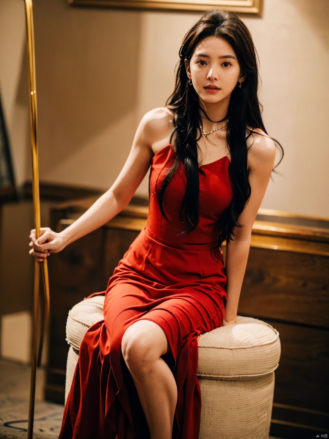  1, 1girl, long hair, brown hair, solo, dress, brown eyes, looking at viewer, holding, red dress, parted lips, bare shoulders, indoors, lips, sleeveless, ((poakl)),nice_body,full_body