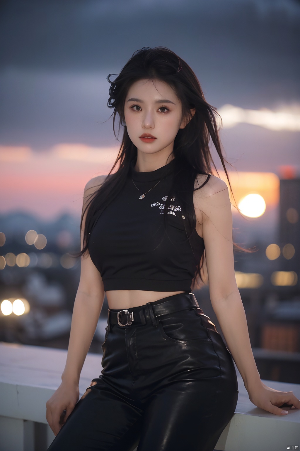  NSFW,Frontal photography,Look front,evening,dark clouds,the setting sun,On the city rooftop,A 20 year old female,Black top,Black Leggings,black hair,long hair, dark theme, muted tones, pastel colors, high contrast, (natural skin texture, A dim light, high clarity) ((sky background))((Facial highlights)), Light master, 1girl