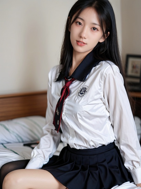  Enhanced, masterpiece, 16K, JK, 1 girl, long hair, school uniform, skirt, sitting on bed,:)