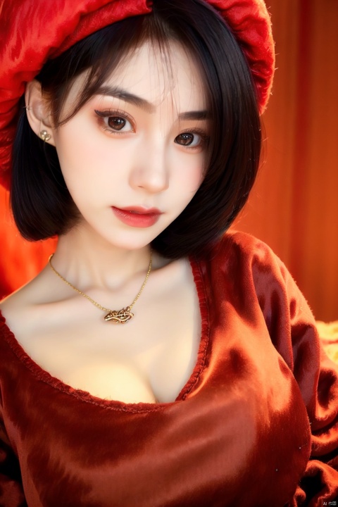  masterpiece, best quality, 1girl, red background, black hair, Long curly hair, face front, ((red fashion silk lone costume with red swirling vortexes pattern)), ((Red Plush Fur Hat)), emotional face, (close up portrait), make up, studio light, studio, ((poakl)), poakl ggll girl