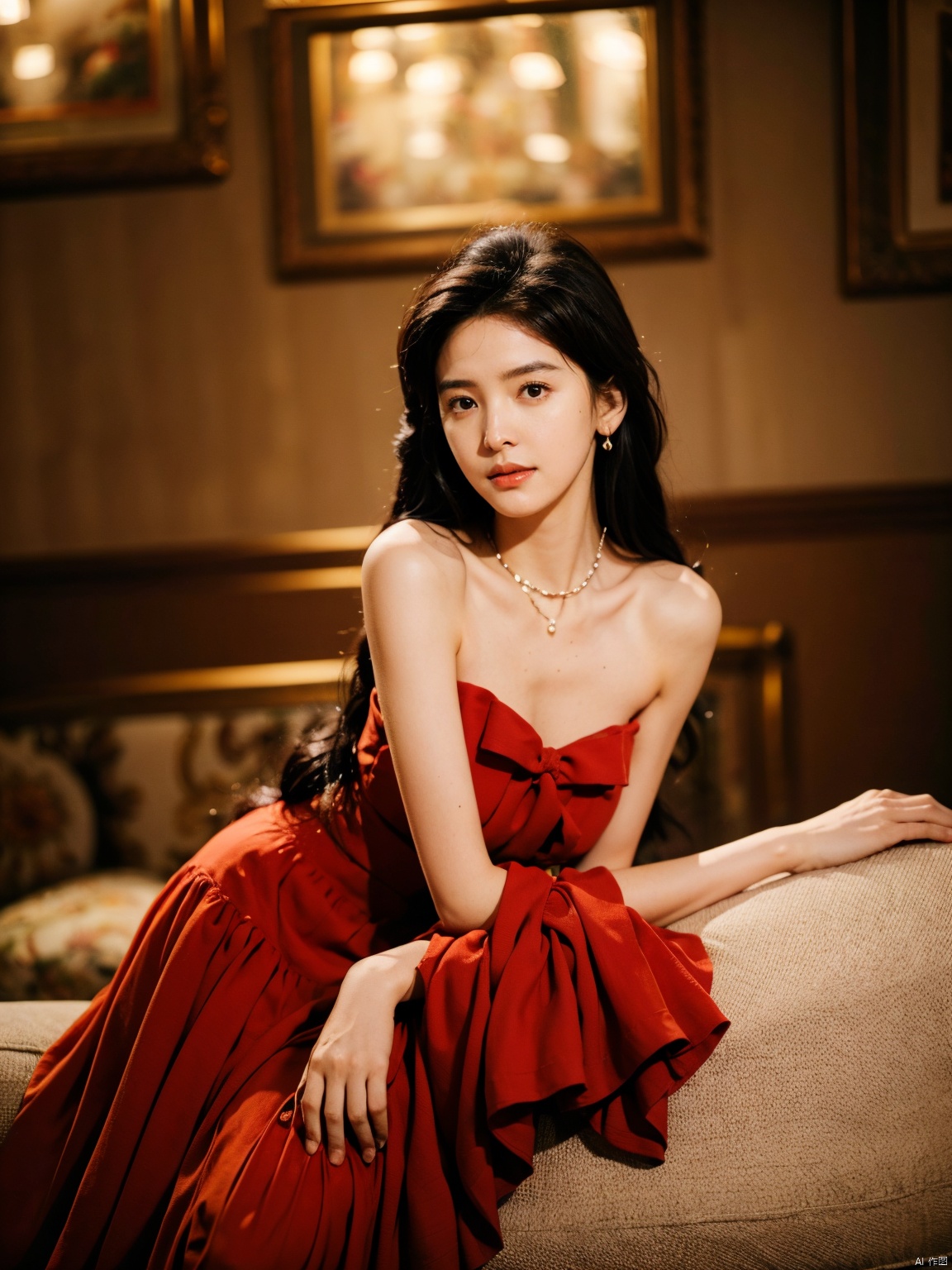  1, 1girl, long hair, brown hair, solo, dress, brown eyes, looking at viewer, holding, red dress, parted lips, bare shoulders, indoors, lips, sleeveless, ((poakl)),nice_body,full_body