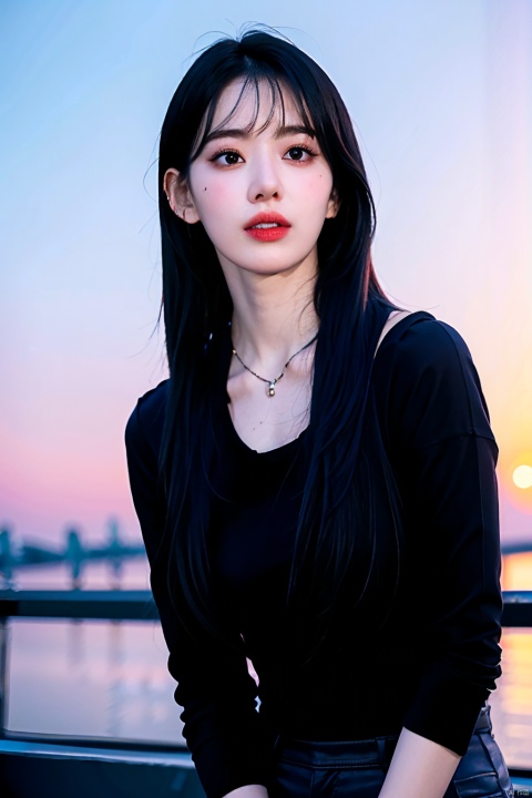  NSFW,Frontal photography,Look front,evening,dark clouds,the setting sun,On the city rooftop,A 20 year old female,Black top,Black Leggings,black hair,long hair, dark theme, muted tones, pastel colors, high contrast, (natural skin texture, A dim light, high clarity) ((sky background))((Facial highlights)), Light master, 1girl