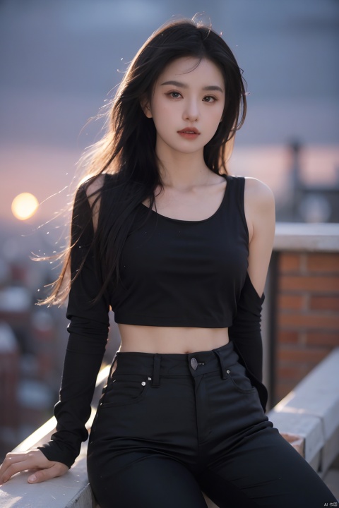  NSFW,Frontal photography,Look front,evening,dark clouds,the setting sun,On the city rooftop,A 20 year old female,Black top,Black Leggings,black hair,long hair, dark theme, muted tones, pastel colors, high contrast, (natural skin texture, A dim light, high clarity) ((sky background))((Facial highlights)), Light master, 1girl