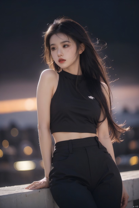  NSFW,Frontal photography,Look front,evening,dark clouds,the setting sun,On the city rooftop,A 20 year old female,Black top,Black Leggings,black hair,long hair, dark theme, muted tones, pastel colors, high contrast, (natural skin texture, A dim light, high clarity) ((sky background))((Facial highlights)), Light master, 1girl
