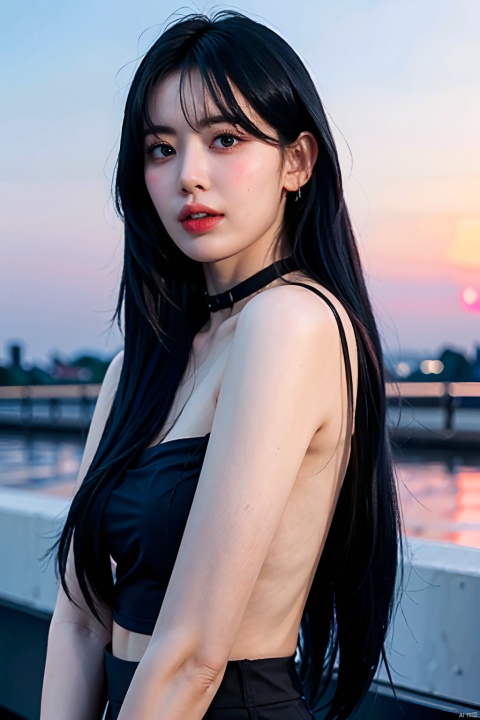  NSFW,Frontal photography,Look front,evening,dark clouds,the setting sun,On the city rooftop,A 20 year old female,Black top,Black Leggings,black hair,long hair, dark theme, muted tones, pastel colors, high contrast, (natural skin texture, A dim light, high clarity) ((sky background))((Facial highlights)), Light master, 1girl