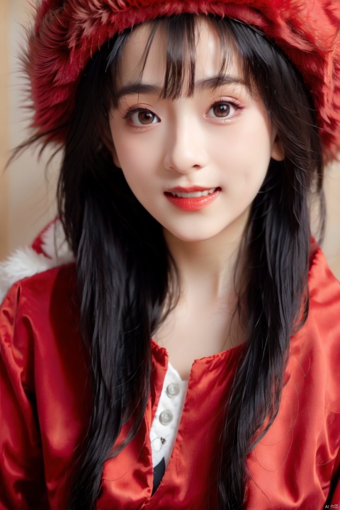  masterpiece, best quality, 1girl, red background, black hair, Long curly hair, face front, ((red fashion silk lone costume with red swirling vortexes pattern)), ((Red Plush Fur Hat)), emotional face, (close up portrait), make up, studio light, studio, ((poakl)), poakl ggll girl,laughing, Light master,yuzu