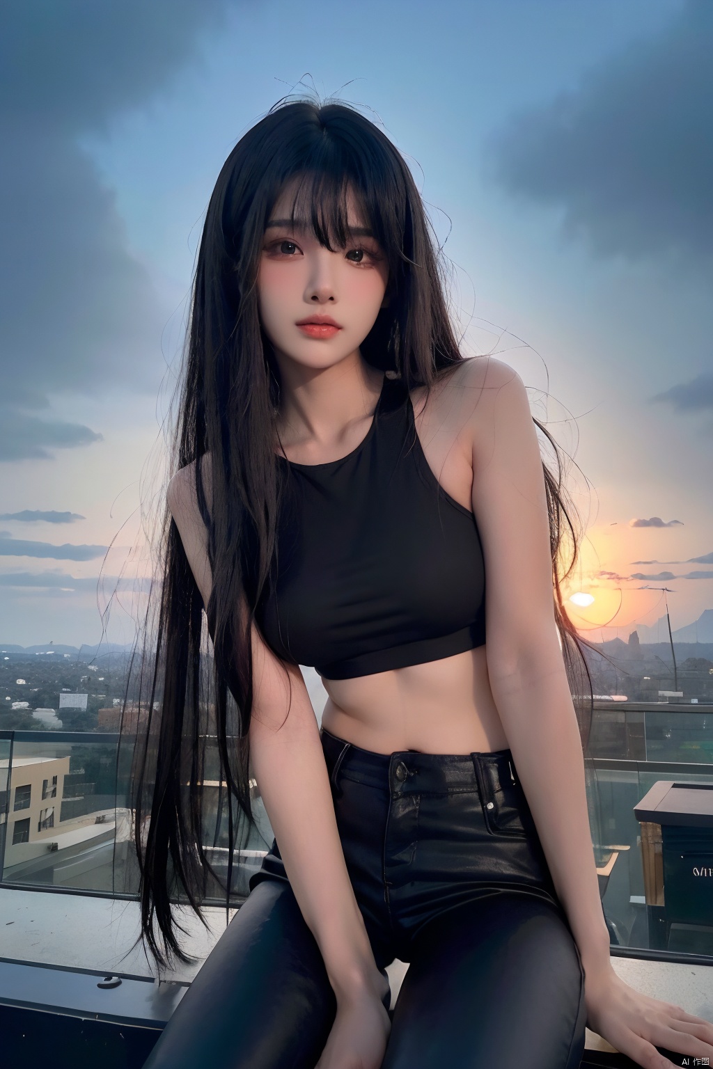  NSFW,Frontal photography,Look front,evening,dark clouds,the setting sun,On the city rooftop,A 20 year old female,Black top,Black Leggings,black hair,long hair, dark theme, muted tones, pastel colors, high contrast, (natural skin texture, A dim light, high clarity) ((sky background))((Facial highlights)), Light master, 1girl