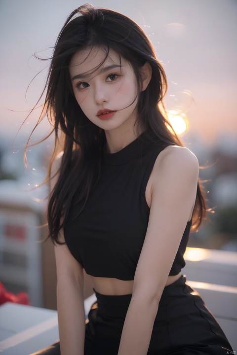  NSFW,Frontal photography,Look front,evening,dark clouds,the setting sun,On the city rooftop,A 20 year old female,Black top,Black Leggings,black hair,long hair, dark theme, muted tones, pastel colors, high contrast, (natural skin texture, A dim light, high clarity) ((sky background))((Facial highlights)), Light master, 1girl