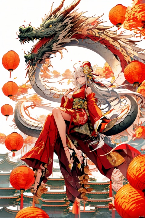  Chinese dragon, (peeks out), soaring in the sky, 1 girl,white hair,white pantyhose,long and majestic dragon body, highest quality, masterpiece, epic beauty,Outdoor, (Macaron color :1.2), Ancient Chinese architecture, Tower Pavilion, Terrace, Flying in the Sky, Majestic, Dreamlike style, Chinese Architecture, Sunset, cloud tops, verdant, peach blossoms, textured skin, Super detail, best quality, visual art, God beast, ink paniting, white pantyhose, 1girl,high_heels,yellow_footwear,pencil_skirt,white_footwear