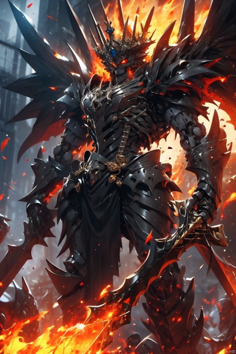  Masterpiece, high detail, 8K, high-definition, Skeleton King, muscular lines, prominent skeletal structure, black armor composed of bones and metal, raised spikes and notches, huge battle axe decorated with bones and metal, burning red eyes, adorned with pendants and necklaces, crown set with precious gemstones, surrounded by special effects of burning flames and dark energy, cinematic lighting, depth of field, overall in red and black tones, with eye-catching yellow accents

