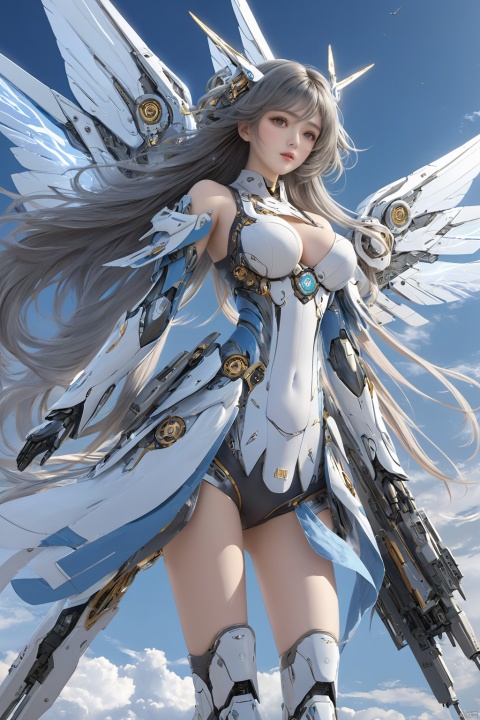  ((masterpiece)), ((best quality)), ((illustration)), extremely detailed,1 girl,mecha clothes,, big breasts,Dark white very_long_hair, scifi hair ornaments, beautiful detailed deep eyes, beautiful detailed sky, cinematic lighting, wind,Mechanical wings