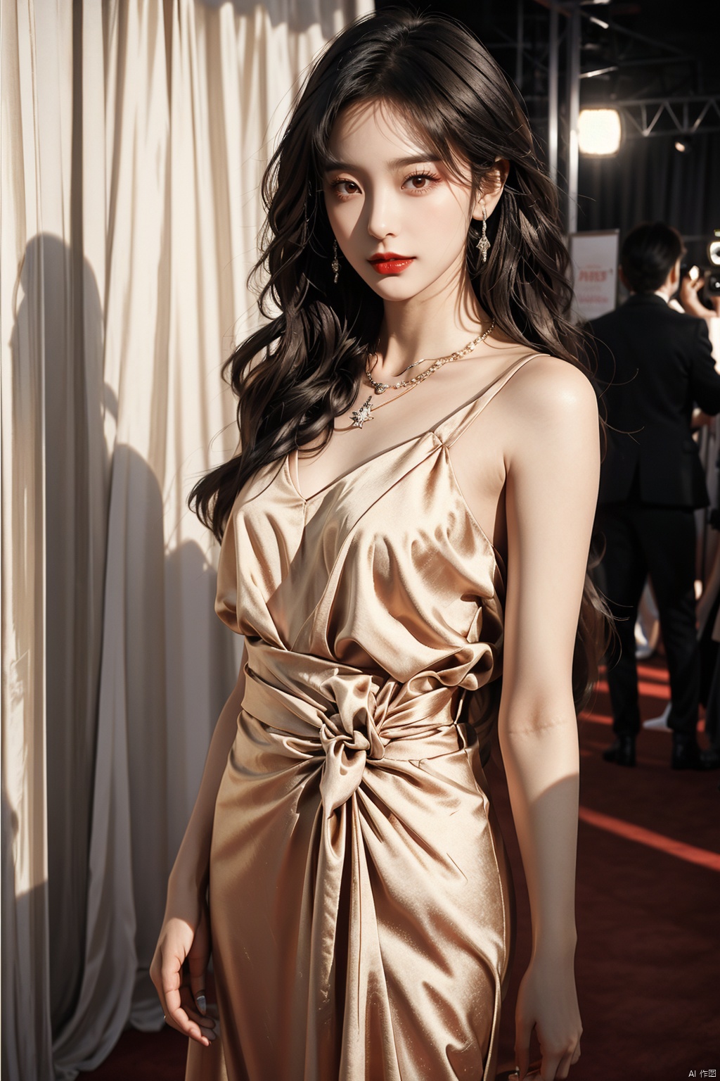  1 Female star, actress, (30 years old), glamorous, glamorous, perfect skin, expressive eyes, perfect makeup, red carpet look, shirt, slacks, (Diamond necklace :1.2), heels, red lipstick, (long flowing hair :1.1), stylish hairstyle, confident smile, posing, paparazzi, flash, Hollywood, Awards shows, Celebrity status, iconic, talented, versatile actress, (Cinematography Beauty :1.3), red carpet events, glamorous lifestyle, celebrity fashion, Influence, red carpet moments, red carpet fashion, Photogenic, (enviable body :1.2), red carpet poses, A-listers, Red carpet glamour, Celebrity Status, Fashion cutting edge, (Fashion icon :1.2), Fashion accessory, red carpet elegance, red carpet trendsetter.Wumag