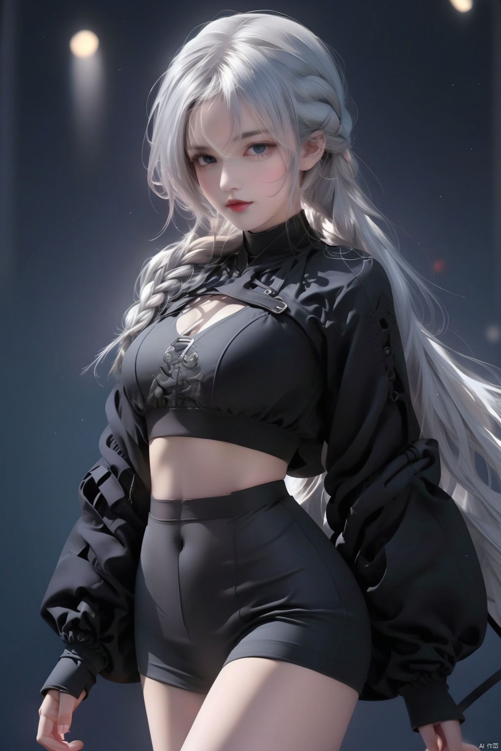 braid,ass,full body,looking at viewer,cowboy shot,bangs,large breasts,blue eyes,gloves,navel,cleavage,hair between eyes,white thighhighs,symbol-shaped pupils,hand on own thigh,thigh gap,crop top overhang,
