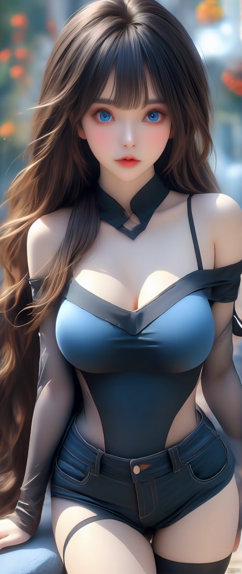 8k,on,bed,very long hair,ass,full body,looking at viewer,bangs,miniskirt,large breasts,blue eyes,cleavage,hair between eyes,underwear,symbol-shaped pupils,bodysuit,no shoes,denim shorts,tube top,black transparent stockings,exposed abdomen,off shoulder,hand on own thigh,crop top overhang,overhang,