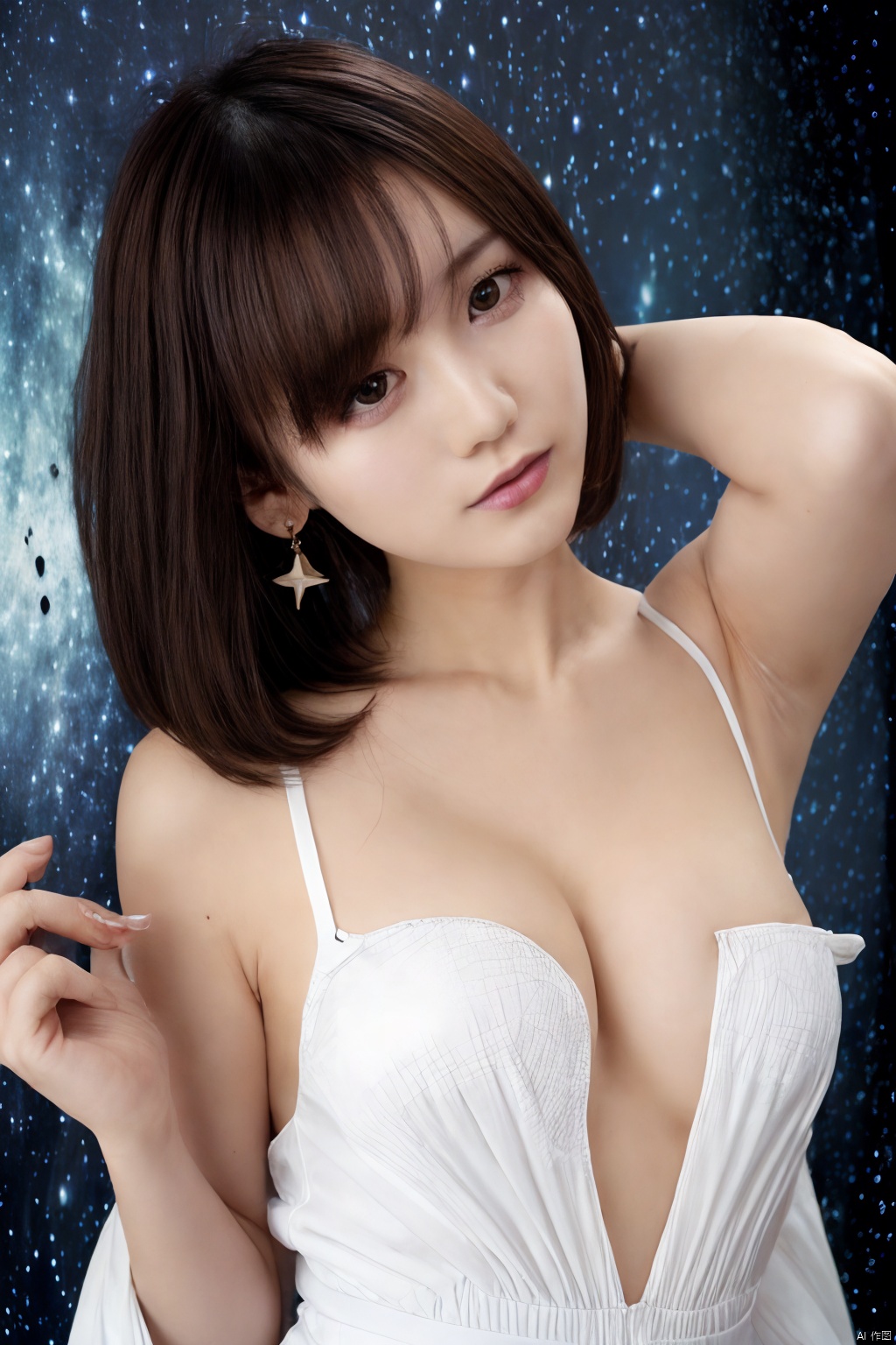  masterpiece, best_quality, 1girl,off_shoulder,mysterious_space,red_and_blue_lights,very_long_hair,realism,(star earrings),(looking_at_viewer), upper_body,white_dress,milky_way,jewelry,realistic,head tilt,
