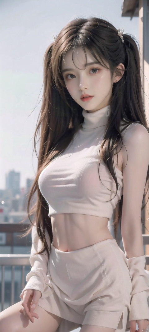 Naked, medium-sized breasts,straight breasts, petite body, perfect face, open legs, slender waist, ultra-high quality 8K,30710,miko,1girl, solo, twintails, hair ornament, looking at viewer, brown eyes, long hair, closed mouth, sweater, turtleneck, black hair, blush, forehead, upper body, turtleneck sweater, white sweater, gradient background, gradient, wangyushan, Light master