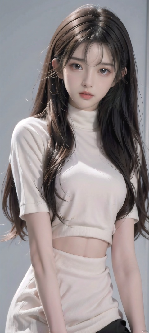 Naked, medium-sized breasts,straight breasts, petite body, perfect face, open legs, slender waist, ultra-high quality 8K,30710,miko,1girl, solo, twintails, hair ornament, looking at viewer, brown eyes, long hair, closed mouth, sweater, turtleneck, black hair, blush, forehead, upper body, turtleneck sweater, white sweater, gradient background, gradient, wangyushan, Light master