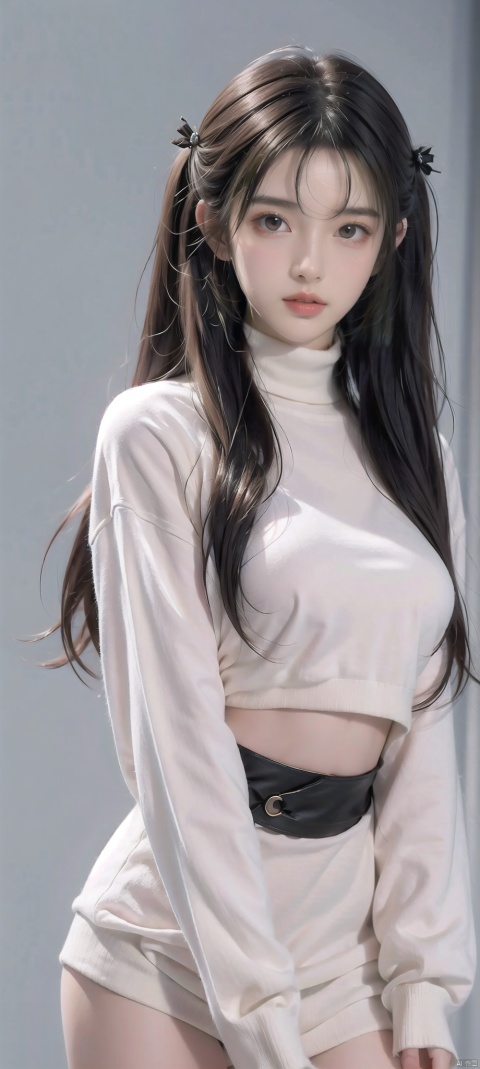 Naked, medium-sized breasts,straight breasts, petite body, perfect face, open legs, slender waist, ultra-high quality 8K,30710,miko,1girl, solo, twintails, hair ornament, looking at viewer, brown eyes, long hair, closed mouth, sweater, turtleneck, black hair, blush, forehead, upper body, turtleneck sweater, white sweater, gradient background, gradient, wangyushan, Light master