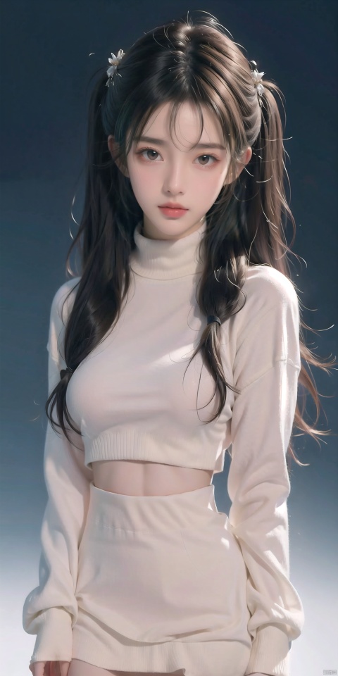 Naked, medium-sized breasts,straight breasts, petite body, perfect face, open legs, slender waist, ultra-high quality 8K,30710,miko,1girl, solo, twintails, hair ornament, looking at viewer, brown eyes, long hair, closed mouth, sweater, turtleneck, black hair, blush, forehead, upper body, turtleneck sweater, white sweater, gradient background, gradient, wangyushan, Light master