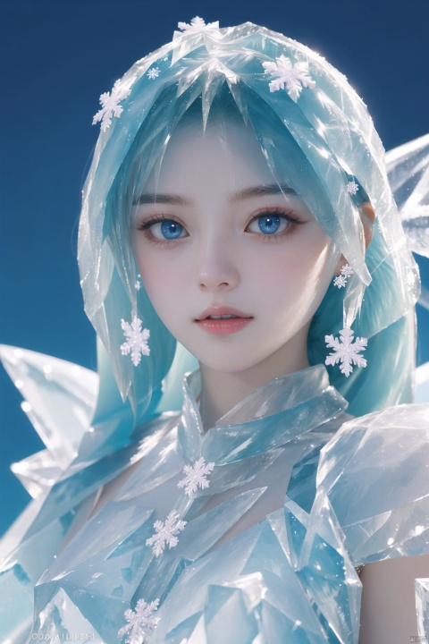  (ice:1.5), ((best quality)), ((masterpiece)), ((ultra-detailed)), extremely detailed CG, (illustration), ((detailed light)), (an extremely delicate and beautiful), a girl, solo, ((upper body,)), ((cute face)), expressionless, (beautiful detailed eyes), full breasts, (medium breasts:1.2), blue dragon eyes, (Vertical pupil:1.2), white hair, shiny hair, colored inner hair, [Armor_dress], blue_hair ornament, ice adorns hair,depth of field, [ice crystal], (snowflake), angel, (\shuang hua\), ((poakl)), full body