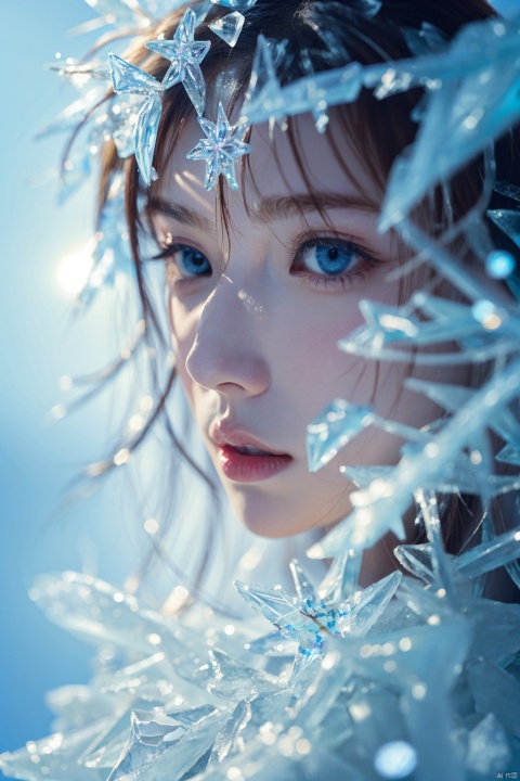  (ice:1.5), ((best quality)), ((masterpiece)), ((ultra-detailed)), extremely detailed CG, (illustration), ((detailed light)), (an extremely delicate and beautiful), a girl, solo, ((upper body,)), ((cute face)), expressionless, (beautiful detailed eyes), full breasts, (medium breasts:1.2), blue dragon eyes, (Vertical pupil:1.2), white hair, shiny hair, colored inner hair, [Armor_dress], blue_hair ornament, ice adorns hair,depth of field, [ice crystal], (snowflake), angel, (\shuang hua\), ((poakl))