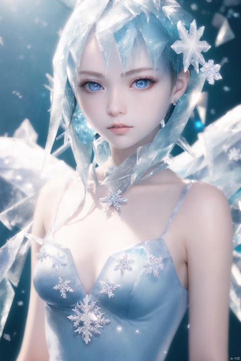  (ice:1.5), ((best quality)), ((masterpiece)), ((ultra-detailed)), extremely detailed CG, (illustration), ((detailed light)), (an extremely delicate and beautiful), a girl, solo, ((upper body,)), ((cute face)), expressionless, (beautiful detailed eyes), full breasts, (medium breasts:1.2), blue dragon eyes, (Vertical pupil:1.2), white hair, shiny hair, colored inner hair, [Armor_dress], blue_hair ornament, ice adorns hair,depth of field, [ice crystal], (snowflake), angel, (\shuang hua\), ((poakl))